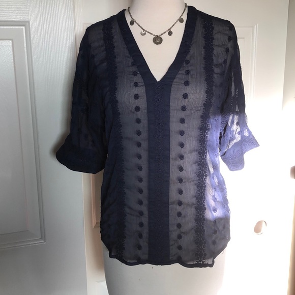 Olive & Oak Tops - Olive & Oak Sheer Embroidered Navy Blue Top